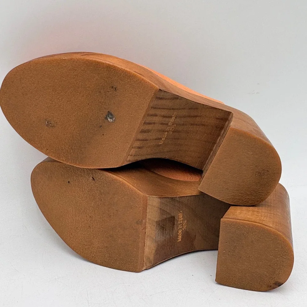 Free People Leather Platform Clog Mules Women 6.5 Tan Wood Block Heel EUR 36.5